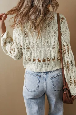 New Dear-Lover Cut Out Crochet Crew Neck Loose Fit Sweater White