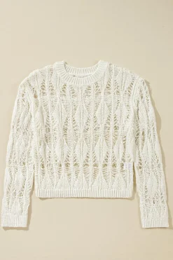New Dear-Lover Cut Out Crochet Crew Neck Loose Fit Sweater White