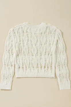 New Dear-Lover Cut Out Crochet Crew Neck Loose Fit Sweater White