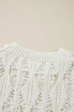 New Dear-Lover Cut Out Crochet Crew Neck Loose Fit Sweater White