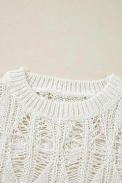 New Dear-Lover Cut Out Crochet Crew Neck Loose Fit Sweater White