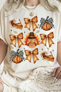 Fashion Dear-Lover Cute Bowknot Tanksgiving Graphic Crewneck T Shirt White
