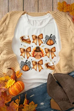 Fashion Dear-Lover Cute Bowknot Tanksgiving Graphic Crewneck T Shirt White