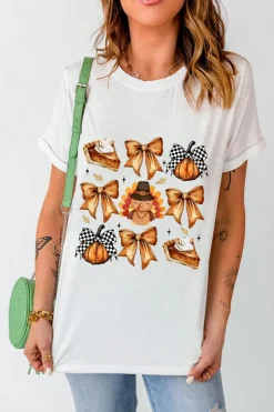 Fashion Dear-Lover Cute Bowknot Tanksgiving Graphic Crewneck T Shirt White