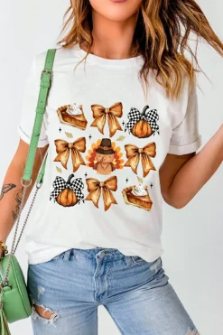 Fashion Dear-Lover Cute Bowknot Tanksgiving Graphic Crewneck T Shirt White