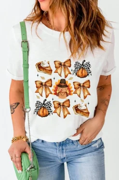 Fashion Dear-Lover Cute Bowknot Tanksgiving Graphic Crewneck T Shirt White