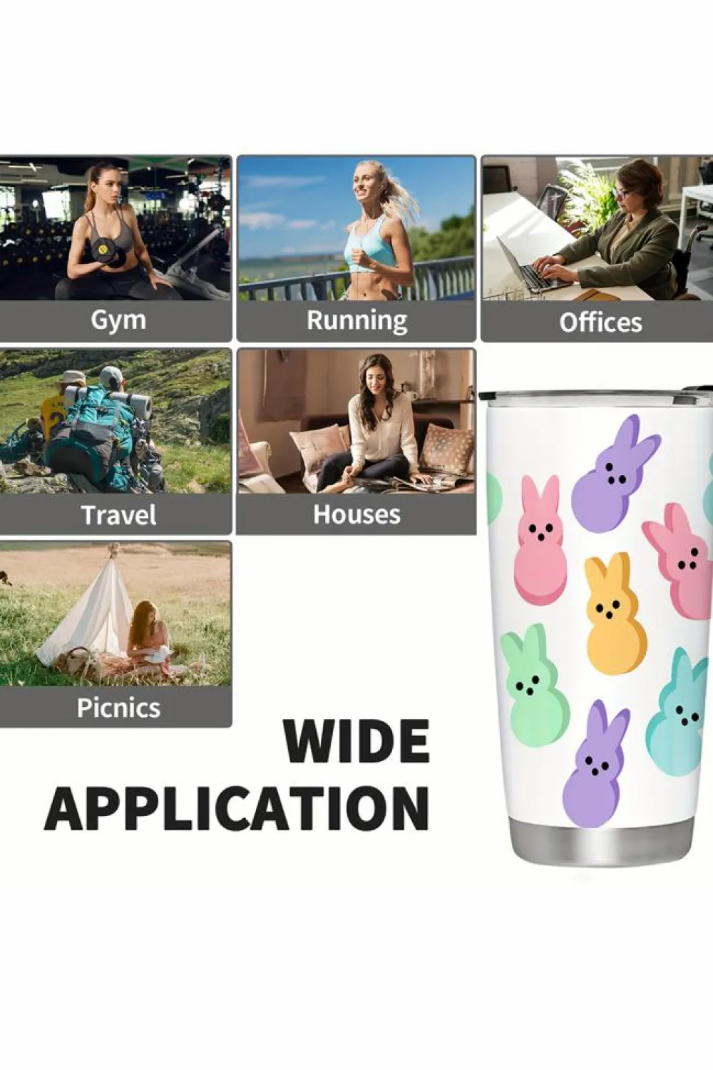 Hot Dear-Lover Cute Bunny Printed Stainless Steel Thermal Vacuum Cup 20oz White