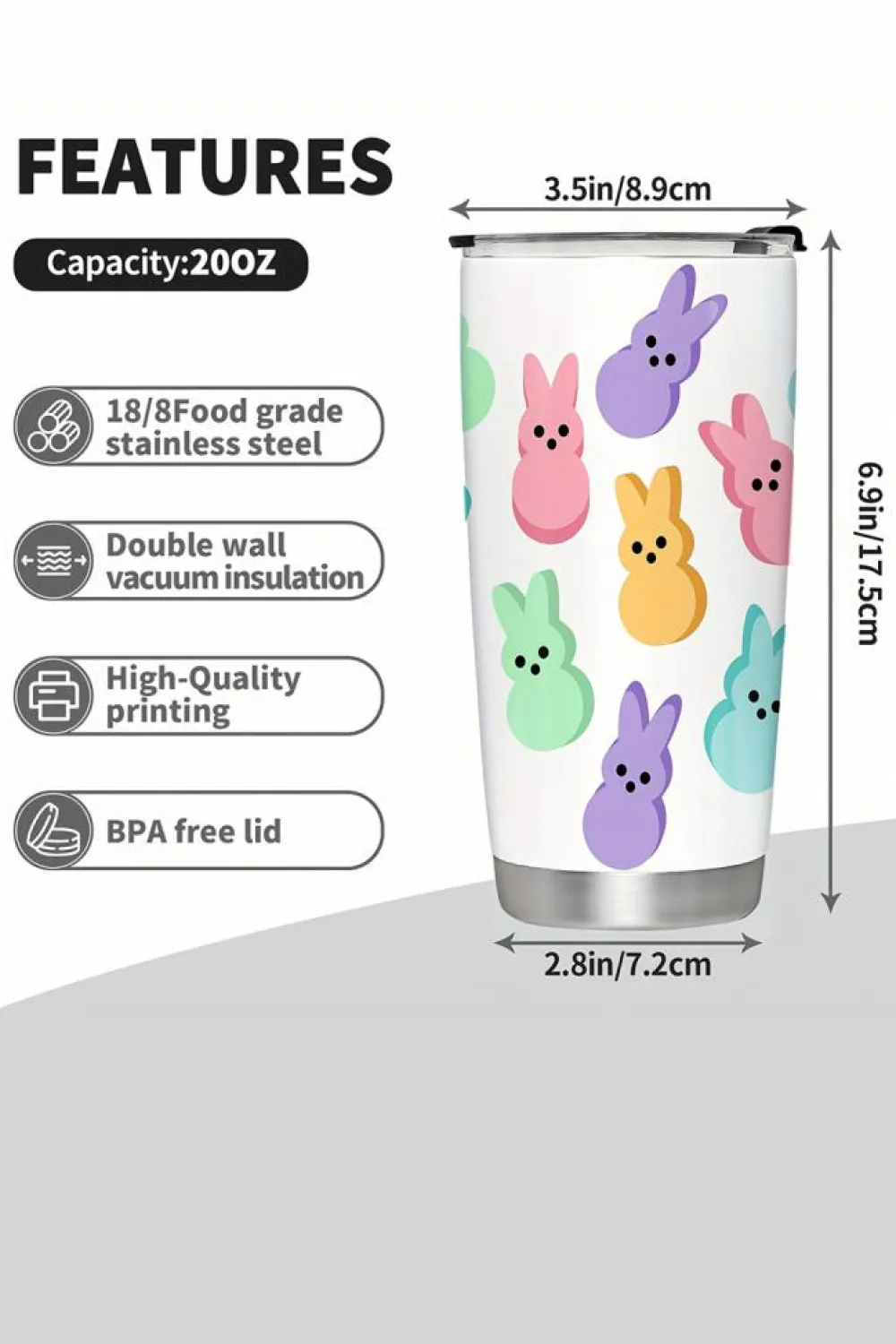 Hot Dear-Lover Cute Bunny Printed Stainless Steel Thermal Vacuum Cup 20oz White