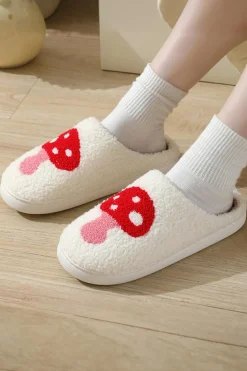 Online Dear-Lover Cute Cartoon Mushroom Graphic Fuzzy Winter Slippers White