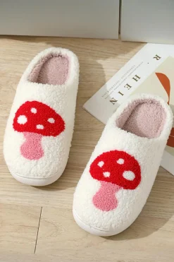 Online Dear-Lover Cute Cartoon Mushroom Graphic Fuzzy Winter Slippers White