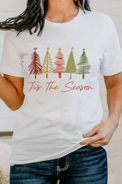 New Dear-Lover Cute Christmas Trees Print Crew Neck T Shirt White