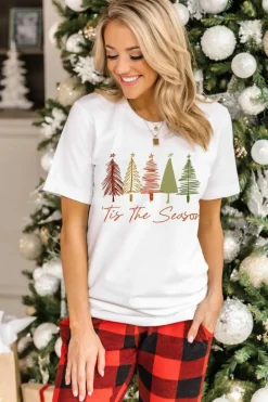 New Dear-Lover Cute Christmas Trees Print Crew Neck T Shirt White
