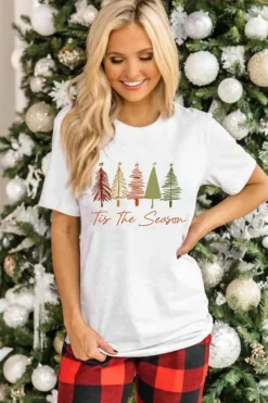 New Dear-Lover Cute Christmas Trees Print Crew Neck T Shirt White