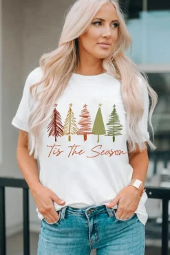 New Dear-Lover Cute Christmas Trees Print Crew Neck T Shirt White