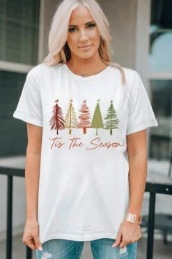 New Dear-Lover Cute Christmas Trees Print Crew Neck T Shirt White