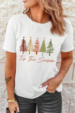 New Dear-Lover Cute Christmas Trees Print Crew Neck T Shirt White