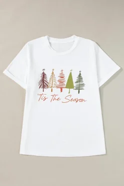 New Dear-Lover Cute Christmas Trees Print Crew Neck T Shirt White