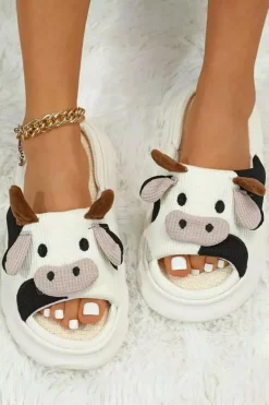 Discount Dear-Lover Cute Cow Pattern Open Toe Slippers White
