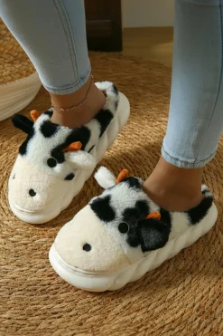 Online Dear-Lover Cute Cow Thick Sole Plush Thermal Home Slippers White