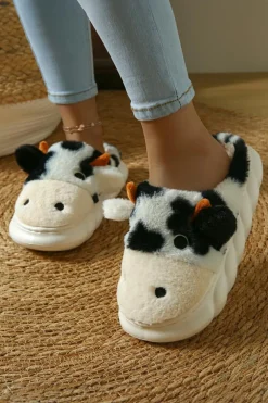 Online Dear-Lover Cute Cow Thick Sole Plush Thermal Home Slippers White