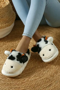Online Dear-Lover Cute Cow Thick Sole Plush Thermal Home Slippers White