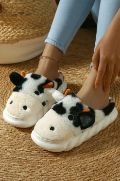 Online Dear-Lover Cute Cow Thick Sole Plush Thermal Home Slippers White