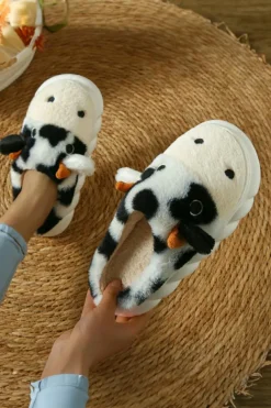 Online Dear-Lover Cute Cow Thick Sole Plush Thermal Home Slippers White