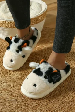 Online Dear-Lover Cute Cow Thick Sole Plush Thermal Home Slippers White