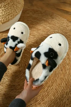 Online Dear-Lover Cute Cow Thick Sole Plush Thermal Home Slippers White