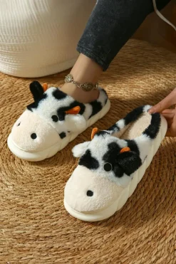 Online Dear-Lover Cute Cow Thick Sole Plush Thermal Home Slippers White