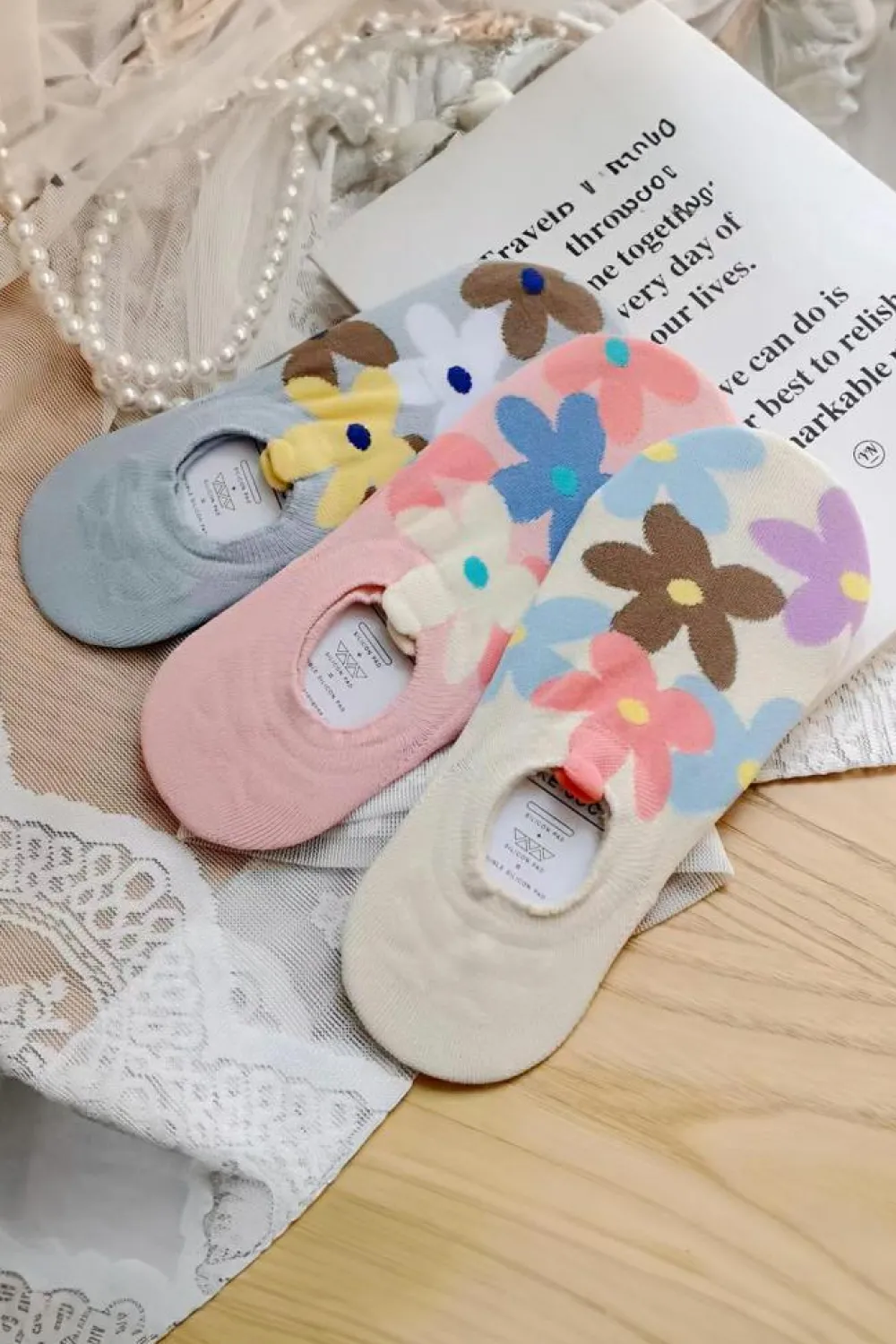 Sale Dear-Lover Cute Floral Print No Show Socks White