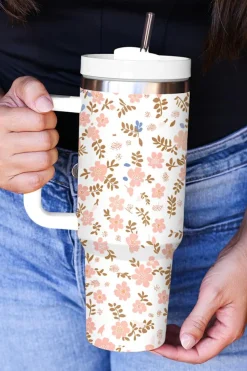 Sale Dear-Lover Cute Flower Print Large Stainless Steel Tumbler 40oz White