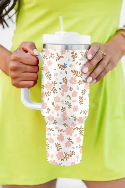 Sale Dear-Lover Cute Flower Print Large Stainless Steel Tumbler 40oz White