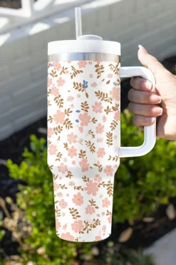 Sale Dear-Lover Cute Flower Print Large Stainless Steel Tumbler 40oz White