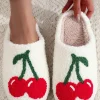 Clearance Dear-Lover Cute Fruit Cherry Pattern Winter Plush Slippers White