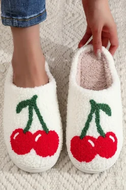 Clearance Dear-Lover Cute Fruit Cherry Pattern Winter Plush Slippers White