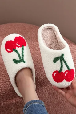 Clearance Dear-Lover Cute Fruit Cherry Pattern Winter Plush Slippers White