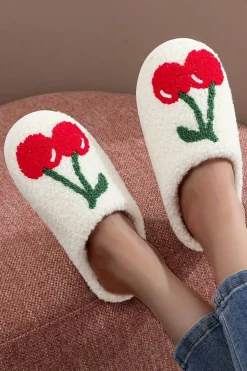 Clearance Dear-Lover Cute Fruit Cherry Pattern Winter Plush Slippers White