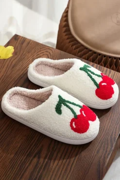 Clearance Dear-Lover Cute Fruit Cherry Pattern Winter Plush Slippers White