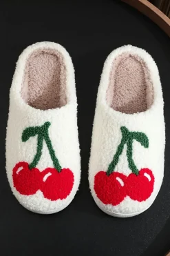 Clearance Dear-Lover Cute Fruit Cherry Pattern Winter Plush Slippers White