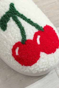 Clearance Dear-Lover Cute Fruit Cherry Pattern Winter Plush Slippers White