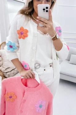 Hot Dear-Lover Cute Knitted Floral Pattern Button Up Cardigan White