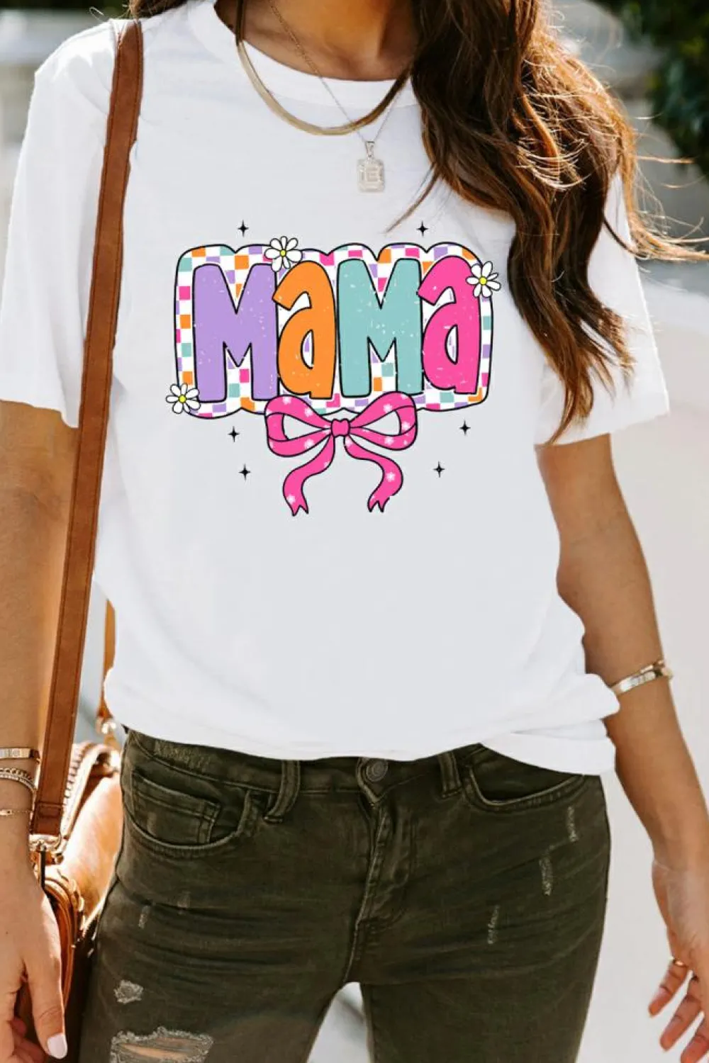 Fashion Dear-Lover Cute MaMa Bow Graphic Crewneck T Shirt White