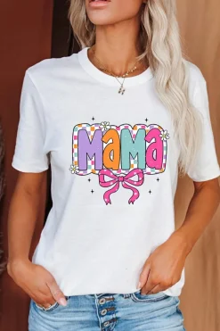 Fashion Dear-Lover Cute MaMa Bow Graphic Crewneck T Shirt White