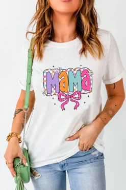 Fashion Dear-Lover Cute MaMa Bow Graphic Crewneck T Shirt White