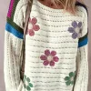 Sale Dear-Lover Daisy Flower Pointelle Knit Sweater White