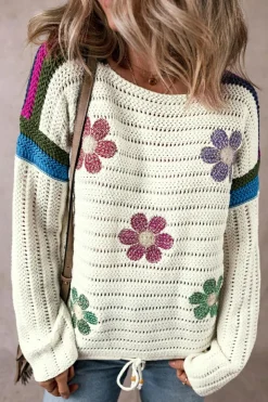 Sale Dear-Lover Daisy Flower Pointelle Knit Sweater White