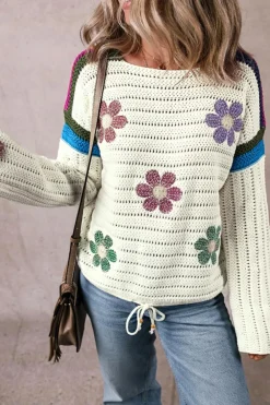 Sale Dear-Lover Daisy Flower Pointelle Knit Sweater White