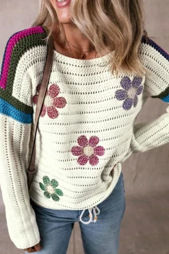 Sale Dear-Lover Daisy Flower Pointelle Knit Sweater White