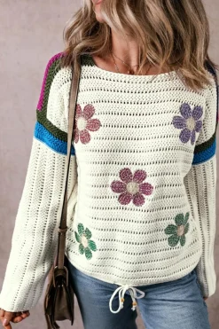 Sale Dear-Lover Daisy Flower Pointelle Knit Sweater White